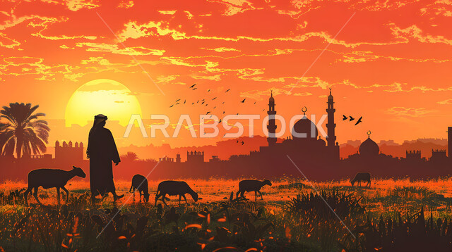 تضحيات وقرابين عيد الأضحى، الاهتمام بتربية الثدييات والمواشي، صورة ظلية لراعي يرعى قطيعا من الأغنام، منظر غروب الشمس في المناطق الطبيعية بالمملكة العربية السعودية، خلفية قباب ومآذن المساجد ، سيلوليت