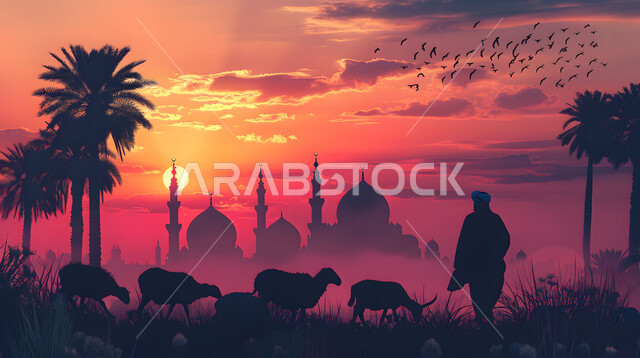تضحيات وقرابين عيد الأضحى، الاهتمام بتربية الثدييات والمواشي، صورة ظلية لراعي يرعى قطيعا من الأغنام، منظر غروب الشمس في المناطق الطبيعية بالمملكة العربية السعودية، خلفية قباب ومآذن المساجد ، سيلوليت