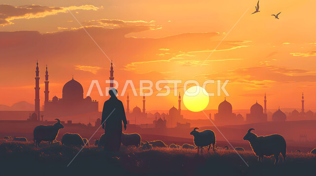 تضحيات وقرابين عيد الأضحى، الاهتمام بتربية الثدييات والمواشي، صورة ظلية لراعي يرعى قطيعا من الأغنام، منظر غروب الشمس في المناطق الطبيعية بالمملكة العربية السعودية، خلفية قباب ومآذن المساجد ، سيلوليت