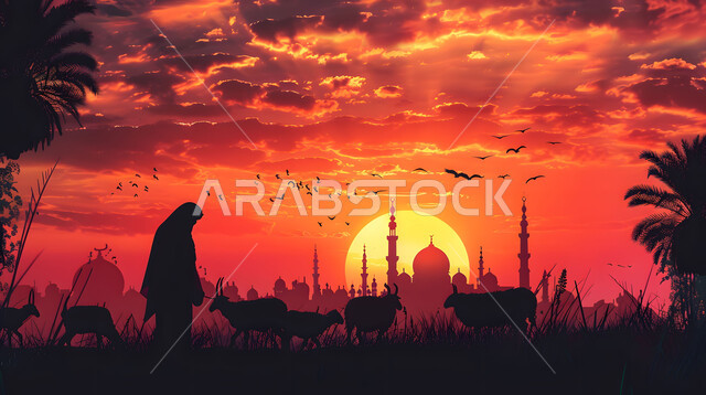 تضحيات وقرابين عيد الأضحى، الاهتمام بتربية الثدييات والمواشي، صورة ظلية لراعي يرعى قطيعا من الأغنام، منظر غروب الشمس في المناطق الطبيعية بالمملكة العربية السعودية، خلفية قباب ومآذن المساجد ، سيلوليت