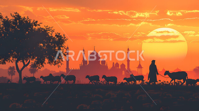 تضحيات وقرابين عيد الأضحى، الاهتمام بتربية الثدييات والمواشي، صورة ظلية لراعي يرعى قطيعا من الأغنام، منظر غروب الشمس في المناطق الطبيعية بالمملكة العربية السعودية، خلفية قباب ومآذن المساجد ، سيلوليت