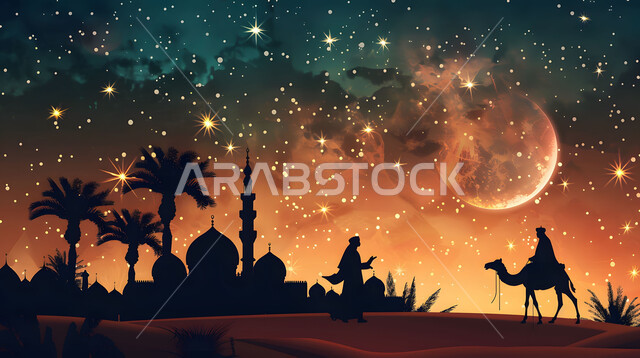 تضحيات وقرابين عيد الأضحى، الاهتمام بتربية الثدييات والمواشي، صورة ظلية لراعي يرعى قطيعا من الأغنام، منظر غروب الشمس في المناطق الطبيعية بالمملكة العربية السعودية، خلفية قباب ومآذن المساجد ، سيلوليت