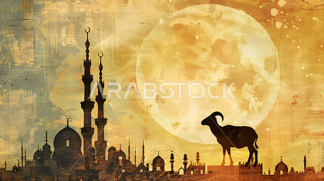 الفن الهندسي المعماري في تصميم المساجد, صورة ظلية لحيوان الماعز بخلفية لمسجد عريق مع قبب ومآذن عالية, منظر غروب الشمس في المناطق الطبيعية بالمملكة العربية السعودية، الأعياد الدينية الإسلامية المباركة, تضحيات وقرابين عيد الأضحى 