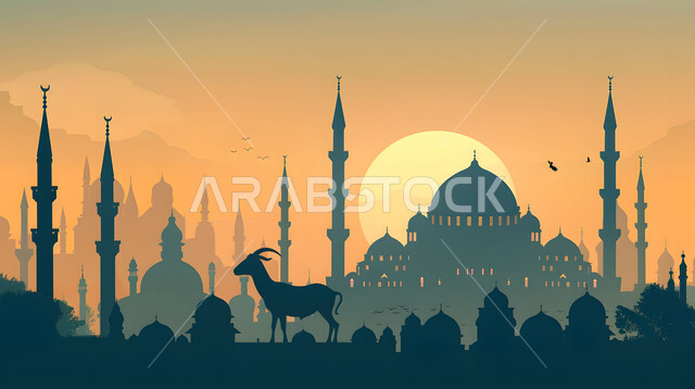 الفن الهندسي المعماري في تصميم المساجد, صورة ظلية لحيوان الماعز بخلفية لمسجد عريق مع قبب ومآذن عالية, منظر غروب الشمس في المناطق الطبيعية بالمملكة العربية السعودية، الأعياد الدينية الإسلامية المباركة, تضحيات وقرابين عيد الأضحى 