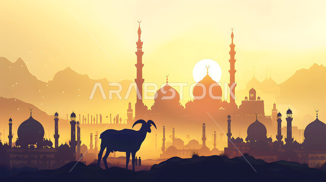 الفن الهندسي المعماري في تصميم المساجد, صورة ظلية لحيوان الماعز بخلفية لمسجد عريق مع قبب ومآذن عالية, منظر غروب الشمس في المناطق الطبيعية بالمملكة العربية السعودية، الأعياد الدينية الإسلامية المباركة, تضحيات وقرابين عيد الأضحى 