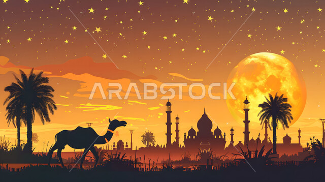 الفن الهندسي المعماري في تصميم المساجد, صورة ظلية لحيوان الماعز بخلفية لمسجد عريق مع قبب ومآذن عالية, منظر غروب الشمس في المناطق الطبيعية بالمملكة العربية السعودية، الأعياد الدينية الإسلامية المباركة, تضحيات وقرابين عيد الأضحى 