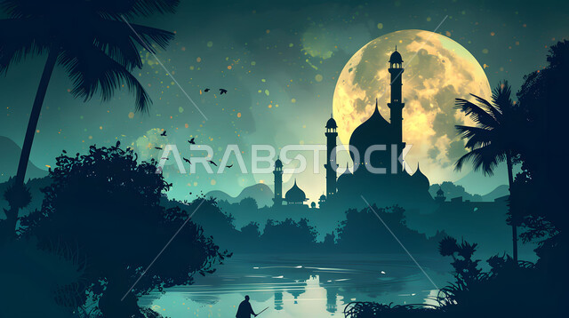 Distinctive decorations and designs in the Islamic style for domes and minarets, modern architectural art for mosques, the concept of worship and getting closer to God, performing obligatory prayers and prayers, Ramadan religious backgrounds, and distinctive landscapes