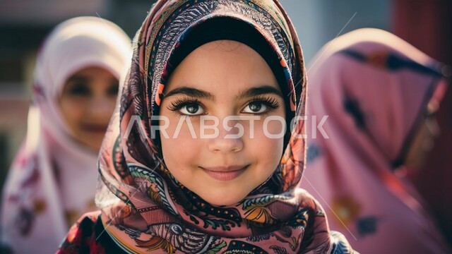 الاهتمام بالأناقة والمظهر الخارجي، تعابير البهجة والفرح, صورة مقربة لفتاة عربيه خليجية سعودية محجبة تنظر الى الكاميرا بإيماءات السعادة والسرور, مفهوم الأنوثة والنعومة