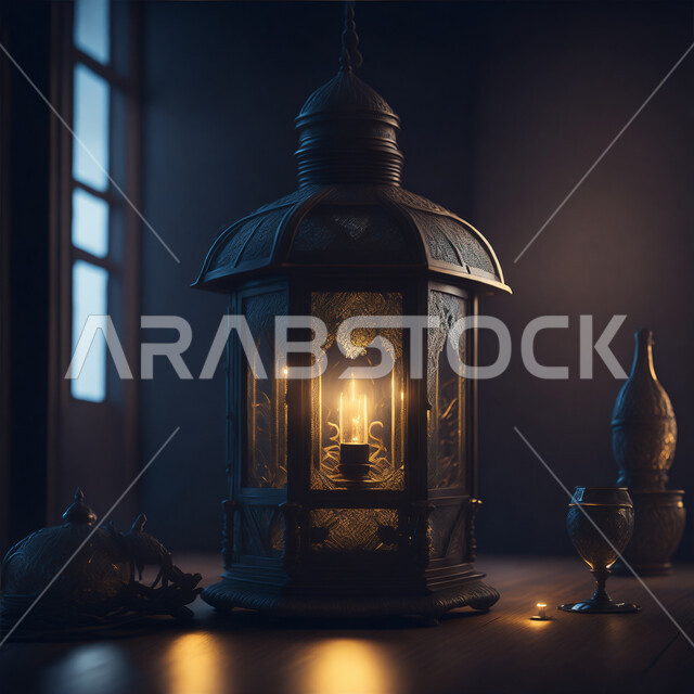  إضاءة وزينة شهر رمضان المبارك، الاستعداد لقدوم شهر الخير، أنوار وديكورات ذهبية في الأجواء الرمضانية الروحانية, فانوس عربي معدني مزخرف مضيئ، مناسبات وأعياد دينية اسلامية, الفن الاسلامي للتحف والاكسسوارات