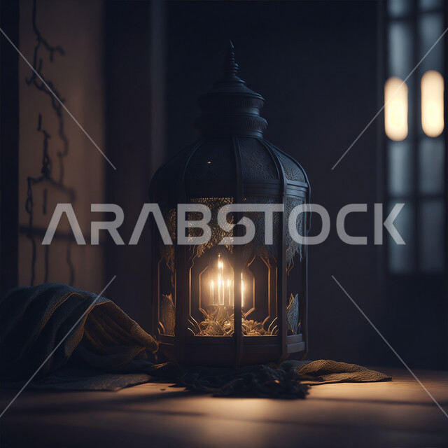 الاستعداد لقدوم شهر الخير، أنوار وديكورات ذهبية في الأجواء الرمضانية الروحانية, فانوس عربي معدني مزخرف مضيئ، مناسبات وأعياد دينية اسلامية, الفن الاسلامي للتحف والاكسسوارات، إضاءة وزينة شهر رمضان المبارك