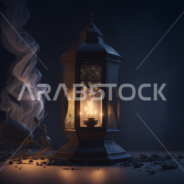 الاحتفال بقدوم شهر الخير، أنوار وديكورات ذهبية في الأجواء الرمضانية الروحانية, فانوس عربي معدني مزخرف مضيئ، مناسبات وأعياد دينية اسلامية, الفن الاسلامي للتحف والاكسسوارات، إضاءة وزينة شهر رمضان المبارك