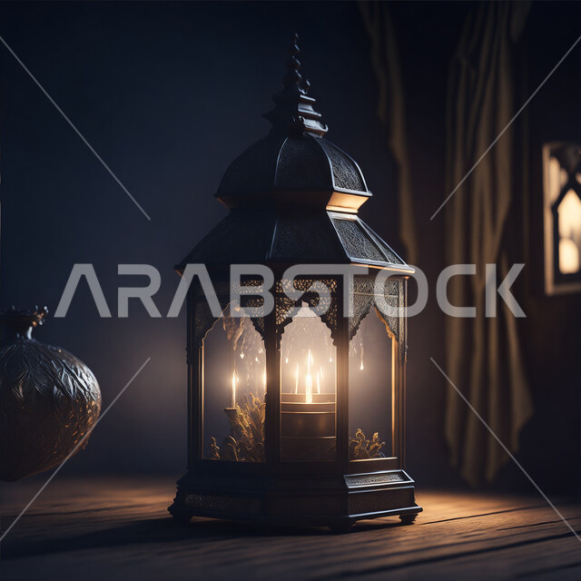 أنوار وديكورات ذهبية في الأجواء الرمضانية الروحانية, فانوس عربي معدني مزخرف مضيئ، مناسبات وأعياد دينية اسلامية, الفن الاسلامي للتحف والاكسسوارات، الاحتفال بقدوم شهر الخير، إضاءة وزينة شهر رمضان المبارك