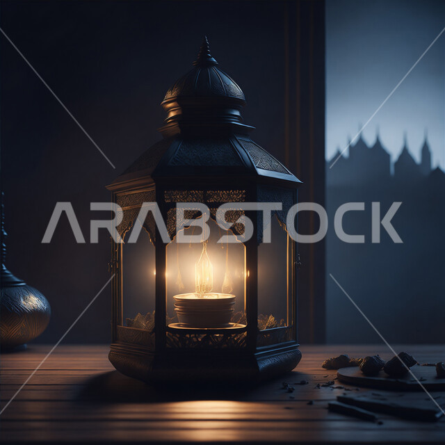 ديكورات وأنوار ذهبية في الأجواء الرمضانية الروحانية, فانوس عربي معدني مزخرف مضيئ، مناسبات وأعياد دينية اسلامية, الفن الاسلامي للتحف والاكسسوارات، الاحتفال بقدوم شهر الخير، إضاءة وزينة شهر رمضان المبارك