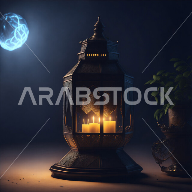 فانوس عربي معدني مزخرف مضيئ، مناسبات وأعياد دينية اسلامية, الفن الاسلامي للتحف والاكسسوارات، ديكورات وأنوار ذهبية في الأجواء الرمضانية الروحانية, الاحتفال بقدوم شهر الخير، إضاءة وزينة شهر رمضان المبارك