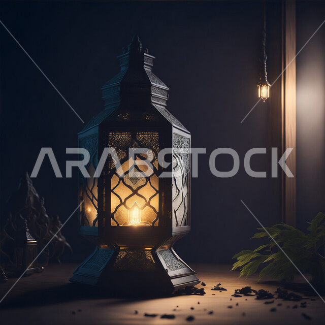 مناسبات وأعياد دينية اسلامية, الفن الاسلامي للتحف والاكسسوارات، فانوس عربي معدني مزخرف مضيئ، ديكورات وأنوار ذهبية في الأجواء الرمضانية الروحانية, الاحتفال بقدوم شهر الخير، إضاءة وزينة شهر رمضان المبارك