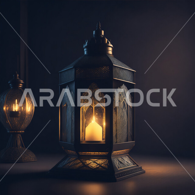 Islamic art for antiques and accessories, Islamic religious holidays and occasions, Arabic metal lantern decorated with light, golden decorations and lights in the spiritual Ramadan atmosphere, celebrating the arrival of the month of goodness, lighting and decoration of the holy month of Ramadan