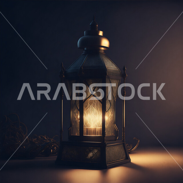 أعياد ومناسبات دينية اسلامية, الفن الاسلامي للتحف والاكسسوارات، فانوس عربي معدني مزخرف مضيئ، ديكورات وأنوار ذهبية في الأجواء الرمضانية الروحانية, الاحتفال بقدوم شهر الخير، إضاءة وزينة شهر رمضان المبارك