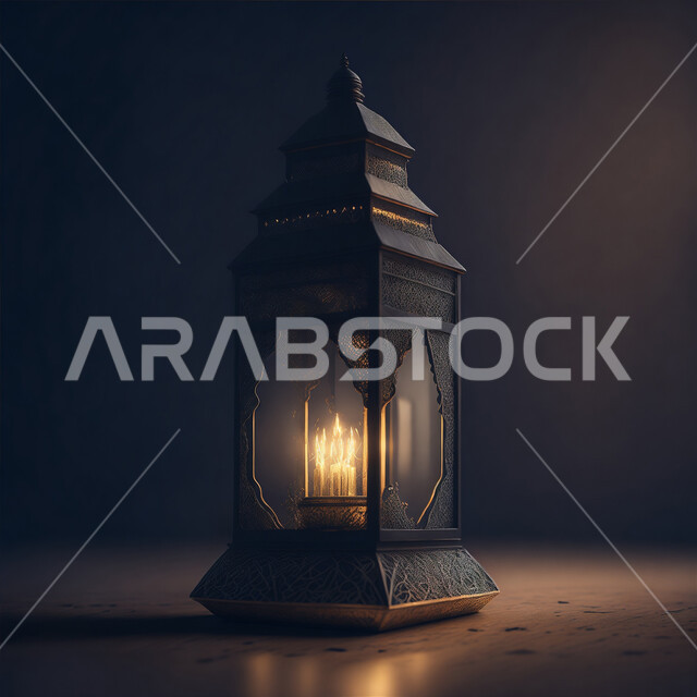 الفن الاسلامي للتحف والاكسسوارات، مناسبات وأعياد دينية اسلامية, فانوس عربي معدني مزخرف مضيئ، ديكورات وأنوار ذهبية في الأجواء الرمضانية الروحانية, الاحتفال بقدوم شهر الخير، إضاءة وزينة شهر رمضان المبارك