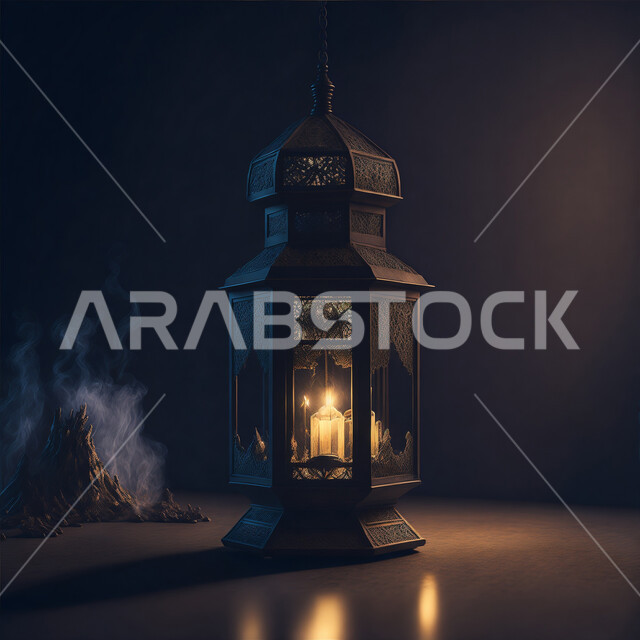 مناسبات وأعياد دينية اسلامية, فانوس عربي معدني مزخرف مضيئ، ديكورات وأنوار ذهبية في الأجواء الرمضانية الروحانية, الاحتفال بقدوم شهر الخير، إضاءة وزينة شهر رمضان المبارك، الفن الاسلامي للتحف والاكسسوارات