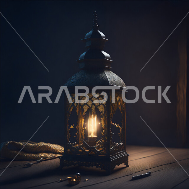 فانوس عربي معدني مزخرف مضيئ، ديكورات وأنوار ذهبية في الأجواء الرمضانية الروحانية, الاحتفال بقدوم شهر الخير، إضاءة وزينة شهر رمضان المبارك، مناسبات وأعياد دينية اسلامية, الفن الاسلامي للتحف والاكسسوارات