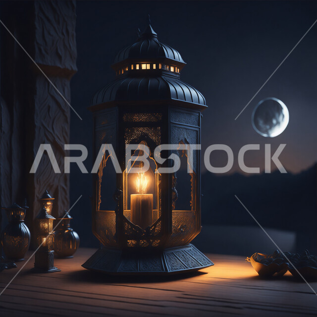 أنوار وديكورات ذهبية في الأجواء الرمضانية الروحانية, الاحتفال بقدوم شهر الخير، إضاءة وزينة شهر رمضان المبارك، فانوس عربي معدني مزخرف مضيئ، مناسبات وأعياد دينية اسلامية, الفن الاسلامي للتحف والاكسسوارات