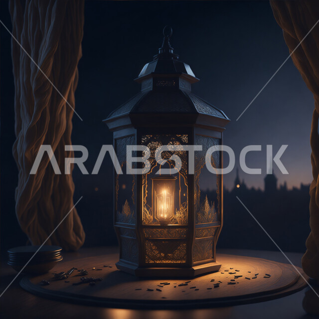 الاحتفال بقدوم شهر الخير، إضاءة وزينة شهر رمضان المبارك، أنوار وديكورات ذهبية في الأجواء الرمضانية الروحانية, فانوس عربي معدني مزخرف مضيئ، مناسبات وأعياد دينية اسلامية, الفن الاسلامي للتحف والاكسسوارات