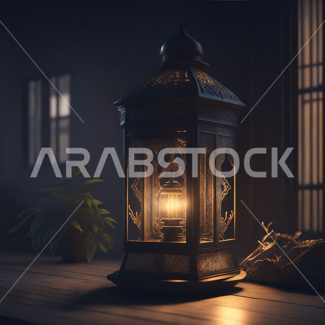 الاستعداد لقدوم شهر الخير، إضاءة وزينة شهر رمضان المبارك، أنوار وديكورات ذهبية في الأجواء الرمضانية الروحانية, فانوس عربي معدني مزخرف مضيئ، مناسبات وأعياد دينية اسلامية, الفن الاسلامي للتحف والاكسسوارات