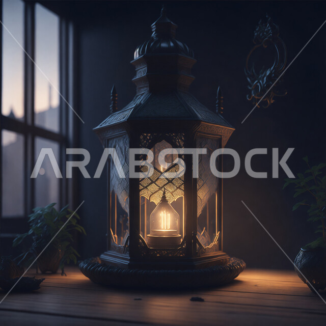 إضاءة وزينة شهر رمضان المبارك، الاستعداد لقدوم شهر الخير، أنوار وديكورات ذهبية في الأجواء الرمضانية الروحانية, فانوس عربي معدني مزخرف مضيئ، مناسبات وأعياد دينية اسلامية, الفن الاسلامي للتحف والاكسسوارات