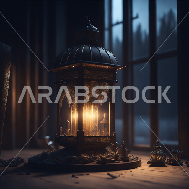  زينة وإضاءة شهر رمضان المبارك، الاستعداد لقدوم شهر الخير، أنوار وديكورات ذهبية في الأجواء الرمضانية الروحانية, فانوس عربي معدني مزخرف مضيئ، مناسبات وأعياد دينية اسلامية, الفن الاسلامي للتحف والاكسسوارات