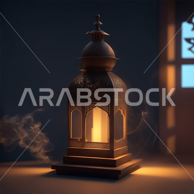 Ramadan decorations and lighting, preparing for the arrival of the month of goodness, golden lights and decorations in the spiritual Ramadan atmosphere, illuminated decorative metal Arabic lantern, Islamic art of antiques and accessories, Islamic religious occasions and holidays