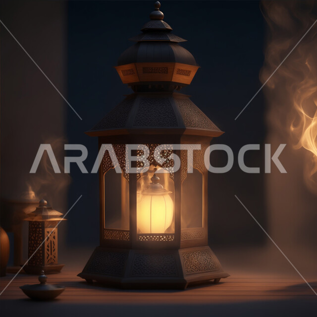 إضاءة وزينة شهر رمضان المبارك، الاستعداد لقدوم شهر الخير، أنوار وديكورات ذهبية في الأجواء الرمضانية الروحانية, فانوس عربي معدني مزخرف مضيئ، الفن الاسلامي للتحف والاكسسوارات، مناسبات وأعياد دينية اسلامية
