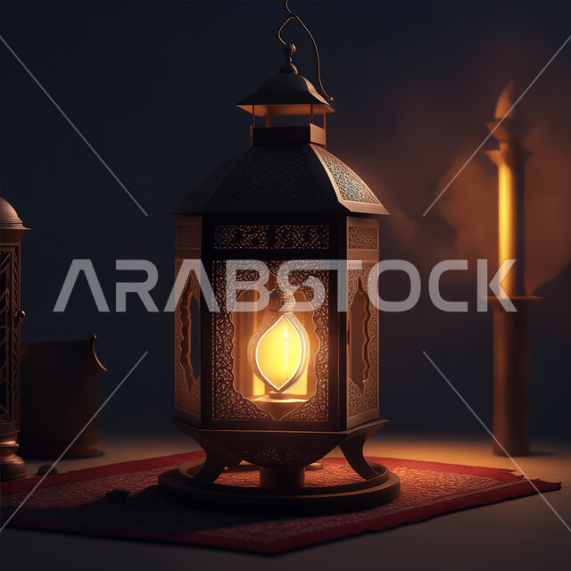 Preparing for the arrival of the month of goodness, golden lights and decorations in the spiritual atmosphere of Ramadan, an illuminated decorative metal Arabic lantern, Islamic art of antiques and accessories, Islamic religious occasions and holidays, lighting and decorations for the holy month of Ramadan
