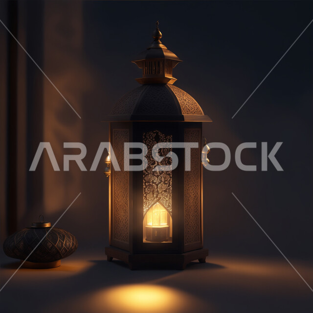 الاحتفال بقدوم شهر الخير، أنوار وديكورات ذهبية في الأجواء الرمضانية الروحانية, فانوس عربي معدني مزخرف مضيئ، الفن الاسلامي للتحف والاكسسوارات، مناسبات وأعياد دينية اسلامية، إضاءة وزينة شهر رمضان المبارك