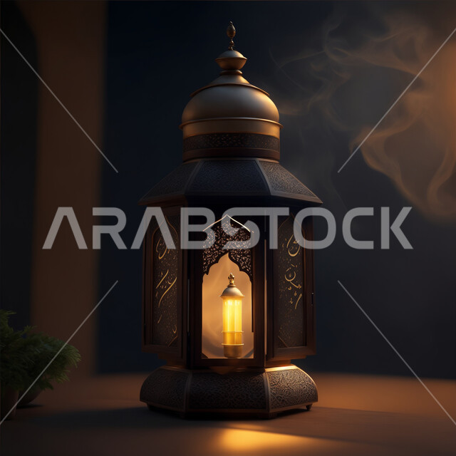 ديكورات وأنوار ذهبية في الأجواء الرمضانية الروحانية, فانوس عربي معدني مزخرف مضيئ، الفن الاسلامي للتحف والاكسسوارات، مناسبات وأعياد دينية اسلامية, الاحتفال بقدوم شهر الخير، إضاءة وزينة شهر رمضان المبارك