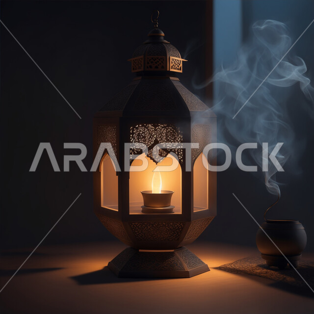  فانوس عربي معدني مزخرف مضيئ، الفن الاسلامي للتحف والاكسسوارات، مناسبات وأعياد دينية اسلامية, ديكورات وأنوار ذهبية في الأجواء الرمضانية الروحانية, الاحتفال بقدوم شهر الخير، إضاءة وزينة شهر رمضان المبارك