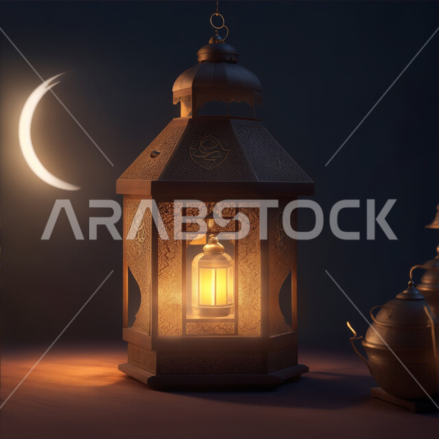  الفن الاسلامي للتحف والاكسسوارات، مناسبات وأعياد دينية اسلامية, فانوس عربي معدني مزخرف مضيئ، ديكورات وأنوار ذهبية في الأجواء الرمضانية الروحانية, الاحتفال بقدوم شهر الخير، إضاءة وزينة شهر رمضان المبارك