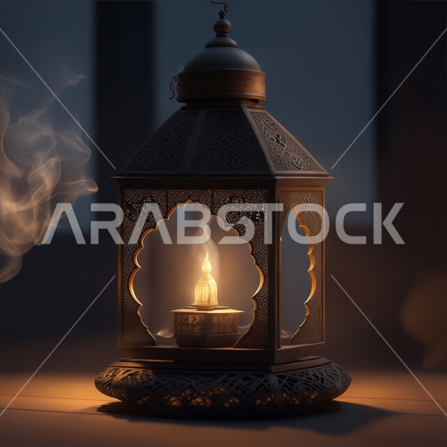 Islamic religious occasions and holidays, Islamic art of antiques and accessories, Arabic decorative metal lantern illuminated, golden decorations and lights in the spiritual Ramadan atmosphere, celebrating the arrival of the month of goodness, lighting and decoration of the holy month of Ramadan