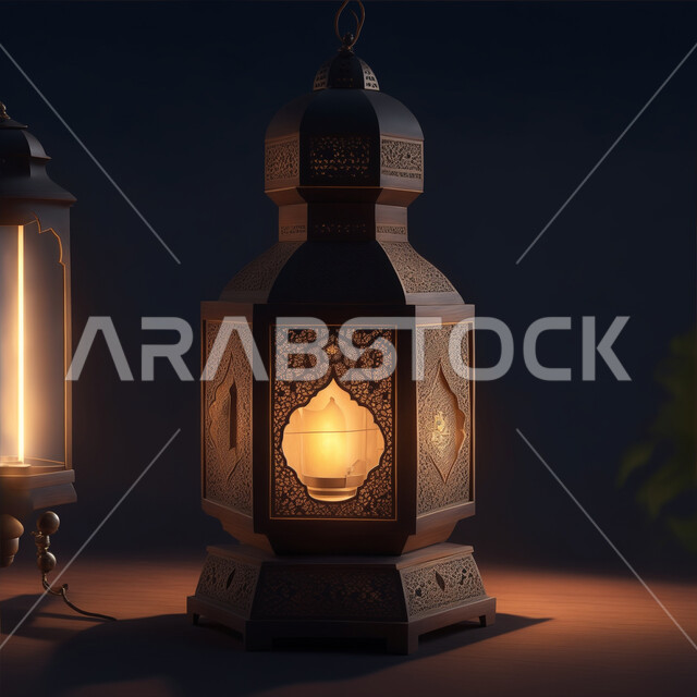 أعياد ومناسبات دينية اسلامية, الفن الاسلامي للتحف والاكسسوارات، فانوس عربي معدني مزخرف مضيئ، ديكورات وأنوار ذهبية في الأجواء الرمضانية الروحانية, الاحتفال بقدوم شهر الخير، إضاءة وزينة شهر رمضان المبارك