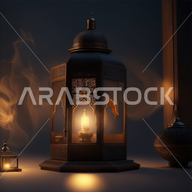 Distinctive designs and decorations for the decoration and lighting of the month of goodness, welcoming the holy month of Ramadan, the spiritual Ramadan atmosphere, an illuminated decorative metal Arabic lantern, Islamic-style antiques and accessories, Islamic religious occasions and holidays