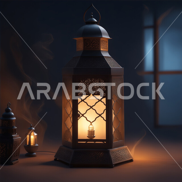 Welcoming the holy month of Ramadan, distinctive designs and decorations for decorating and lighting the month of goodness, the spiritual Ramadan atmosphere, an illuminated decorative metal Arabic lantern, Islamic-style antiques and accessories, Islamic religious occasions and holidays