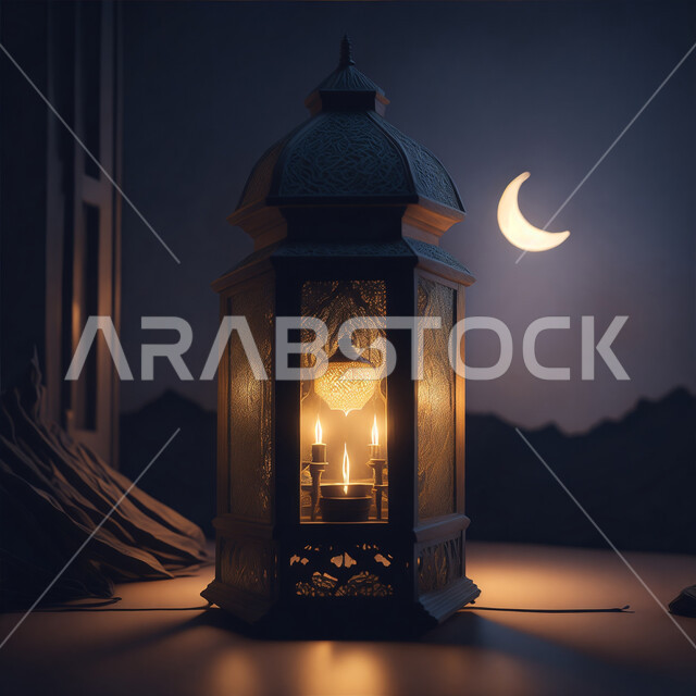 السرور بقدوم شهر الخير والبركة، اكسسوارات وديكورات وتحف المناسبات الدينية، الأجواء الروحانية الرمضانية، فانوس معدني مزخرف مضيئ، التقاليد والعادات العربية لزينة رمضان المبارك، التهنئة بمناسبة الأعياد الإسلامية