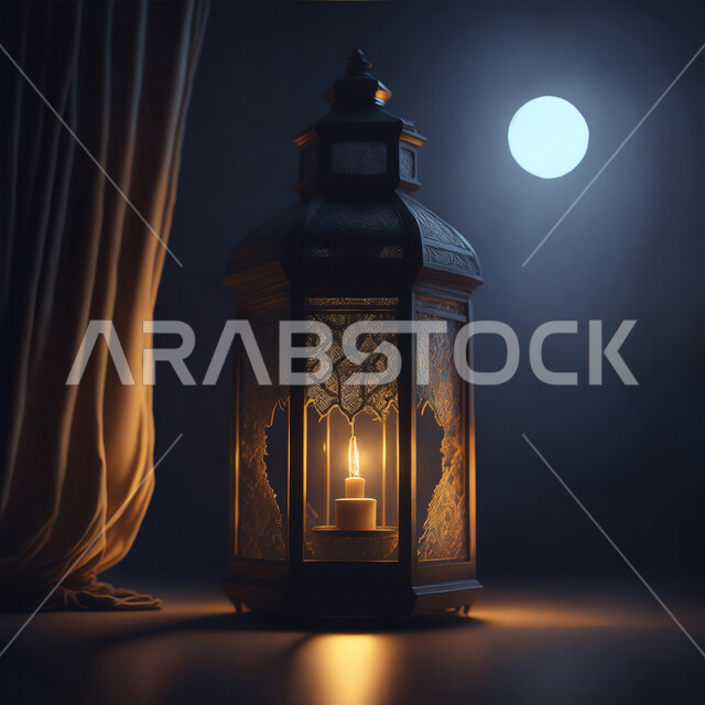 التهنئة بمناسبة الأعياد الإسلامية، العادات والتقاليد العربية لزينة رمضان المبارك، فانوس معدني مزخرف مضيئ، الأجواء الروحانية الرمضانية، تحف وديكورات واكسسوارات المناسبات الدينية، البهجة بقدوم شهر الخير والبركة