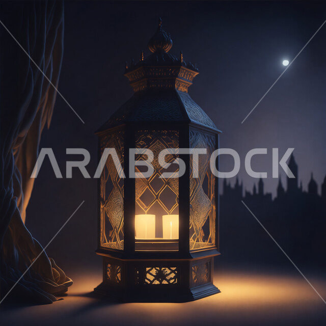 Arabic customs and traditions for Ramadan decorations, illuminated decorative metal lantern, Ramadan spiritual atmosphere, religious occasion antiques, decorations and accessories, joy of the month of goodness and blessings, congratulations on the occasion of Islamic holidays