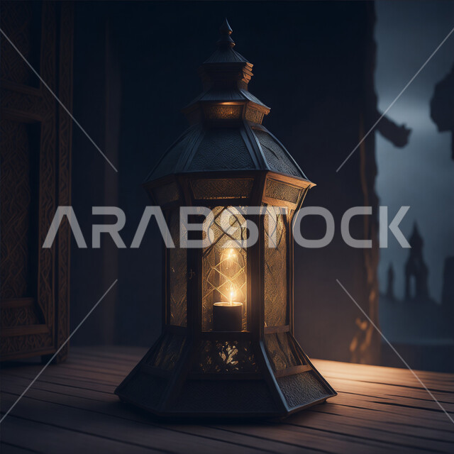 التقاليد والعادات العربية لزينة رمضان المبارك، فانوس معدني مزخرف مضيئ، الأجواء الروحانية الرمضانية، تحف وديكورات واكسسوارات المناسبات الدينية، البهجة بقدوم شهر الخير والبركة، التهنئة بمناسبة الأعياد الإسلامية