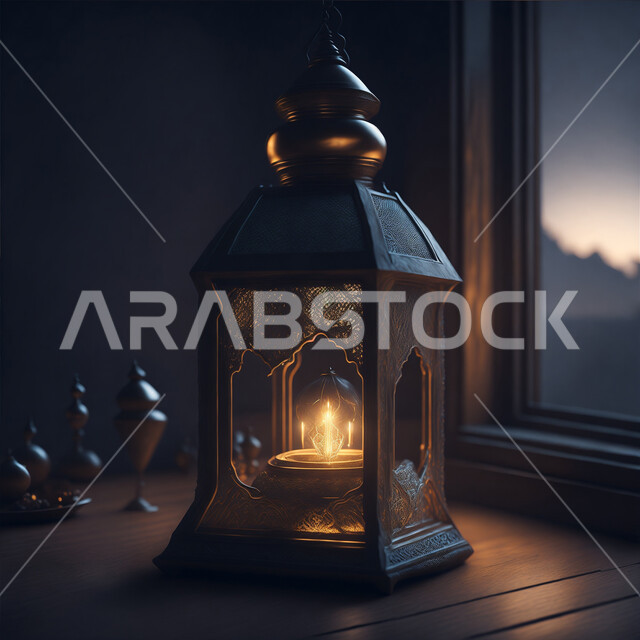 فانوس معدني مزخرف مضيئ، الأجواء الروحانية الرمضانية، تحف وديكورات واكسسوارات المناسبات الدينية، البهجة بقدوم شهر الخير والبركة، التقاليد والعادات العربية لزينة رمضان المبارك، التهنئة بمناسبة الأعياد الإسلامية