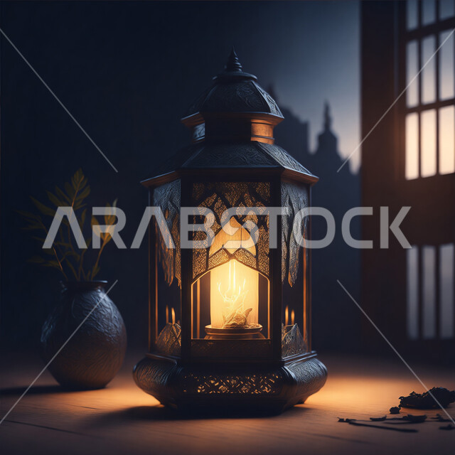 تحف وديكورات واكسسوارات المناسبات الدينية، البهجة بقدوم شهر الخير والبركة، الأجواء الروحانية الرمضانية، فانوس معدني مزخرف مضيئ، التقاليد والعادات العربية لزينة رمضان المبارك، التهنئة بمناسبة الأعياد الإسلامية