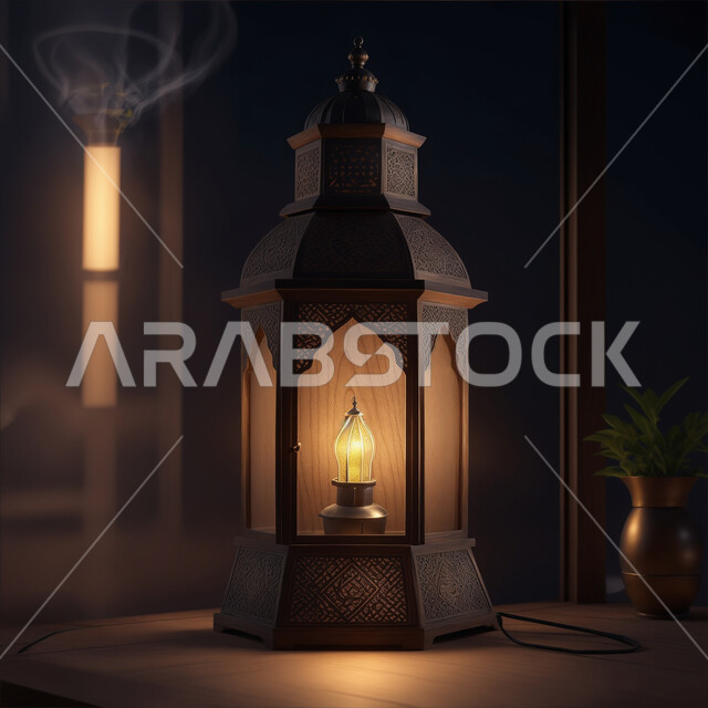 اكسسوارات وديكورات وتحف المناسبات الدينية، البهجة بقدوم شهر الخير والبركة، الأجواء الروحانية الرمضانية، فانوس معدني مزخرف مضيئ، التقاليد والعادات العربية لزينة رمضان المبارك، التهنئة بمناسبة الأعياد الإسلامية