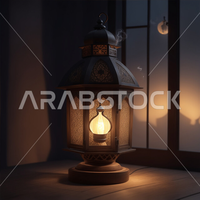 السرور بقدوم شهر الخير والبركة، اكسسوارات وديكورات وتحف المناسبات الدينية، الأجواء الروحانية الرمضانية، فانوس معدني مزخرف مضيئ، التقاليد والعادات العربية لزينة رمضان المبارك، التهنئة بمناسبة الأعياد الإسلامية