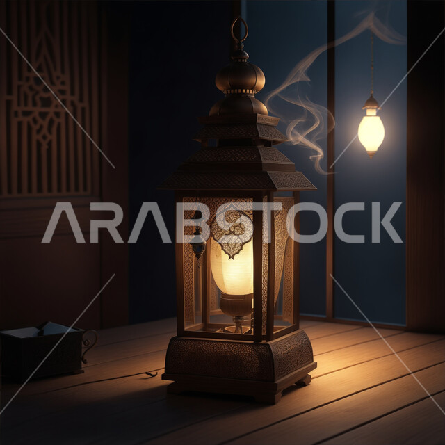 اكسسوارات وديكورات وتحف المناسبات الدينية، الأجواء الروحانية الرمضانية، فانوس معدني مزخرف مضيئ، التقاليد والعادات العربية لزينة رمضان المبارك، التهنئة بمناسبة الأعياد الإسلامية، البهجة بقدوم شهر الخير والبركة