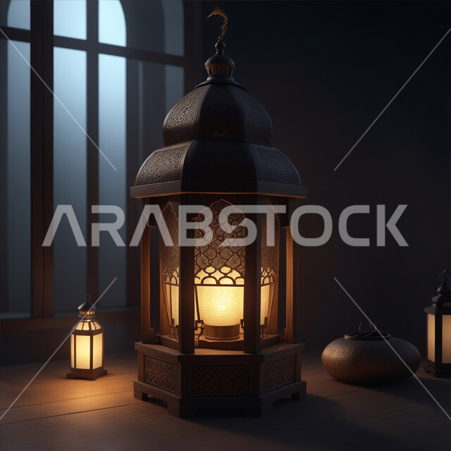 ديكورات وتحف واكسسوارات المناسبات الدينية، الأجواء الروحانية الرمضانية، فانوس معدني مزخرف مضيئ، التقاليد والعادات العربية لزينة رمضان المبارك، التهنئة بمناسبة الأعياد الإسلامية، البهجة بقدوم شهر الخير والبركة